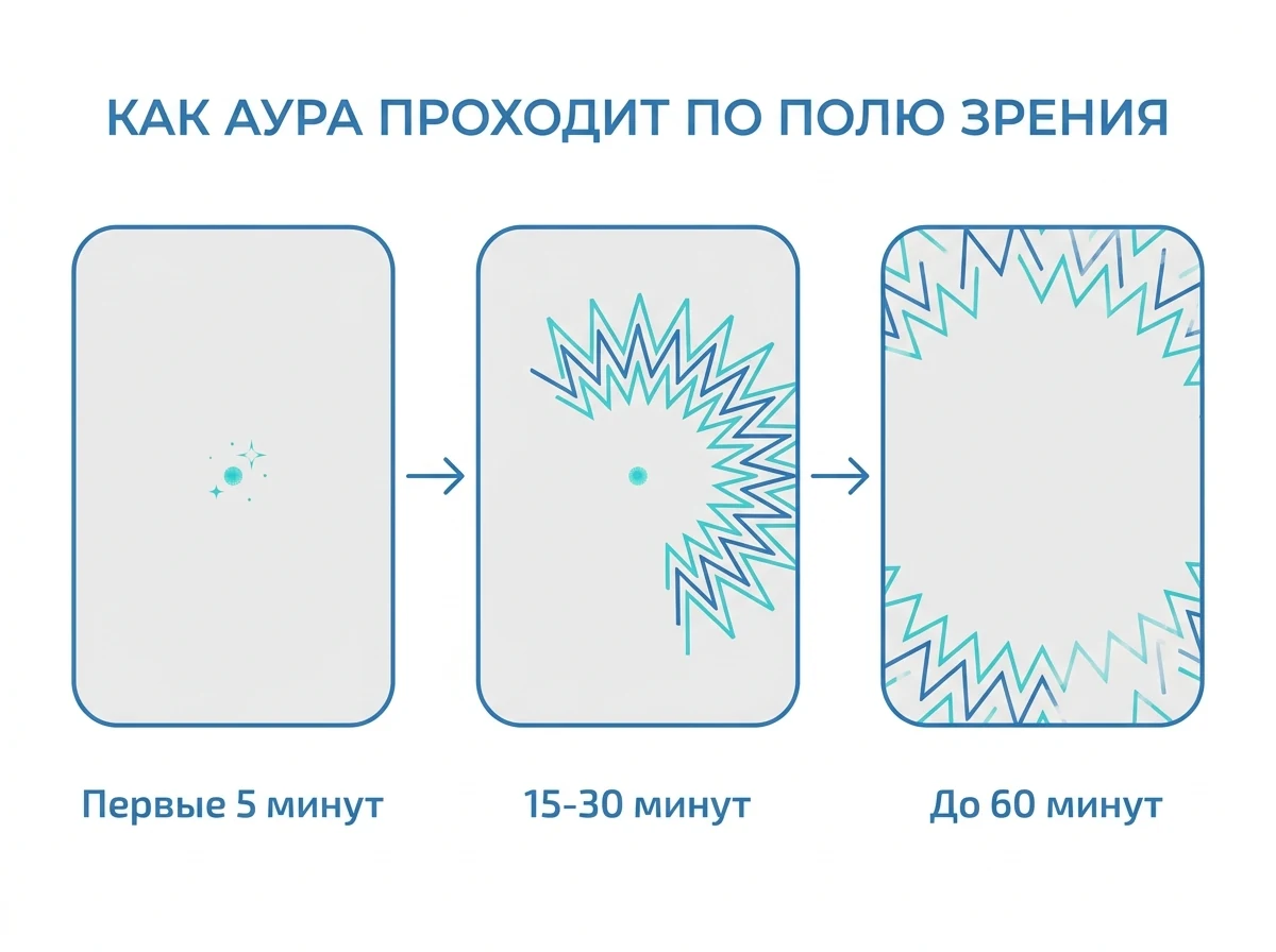 Как зрительная аура проходит по полю зрения Схема: мерцающий зигзаг ползёт от центра поля зрения к периферии за 5-60 минут