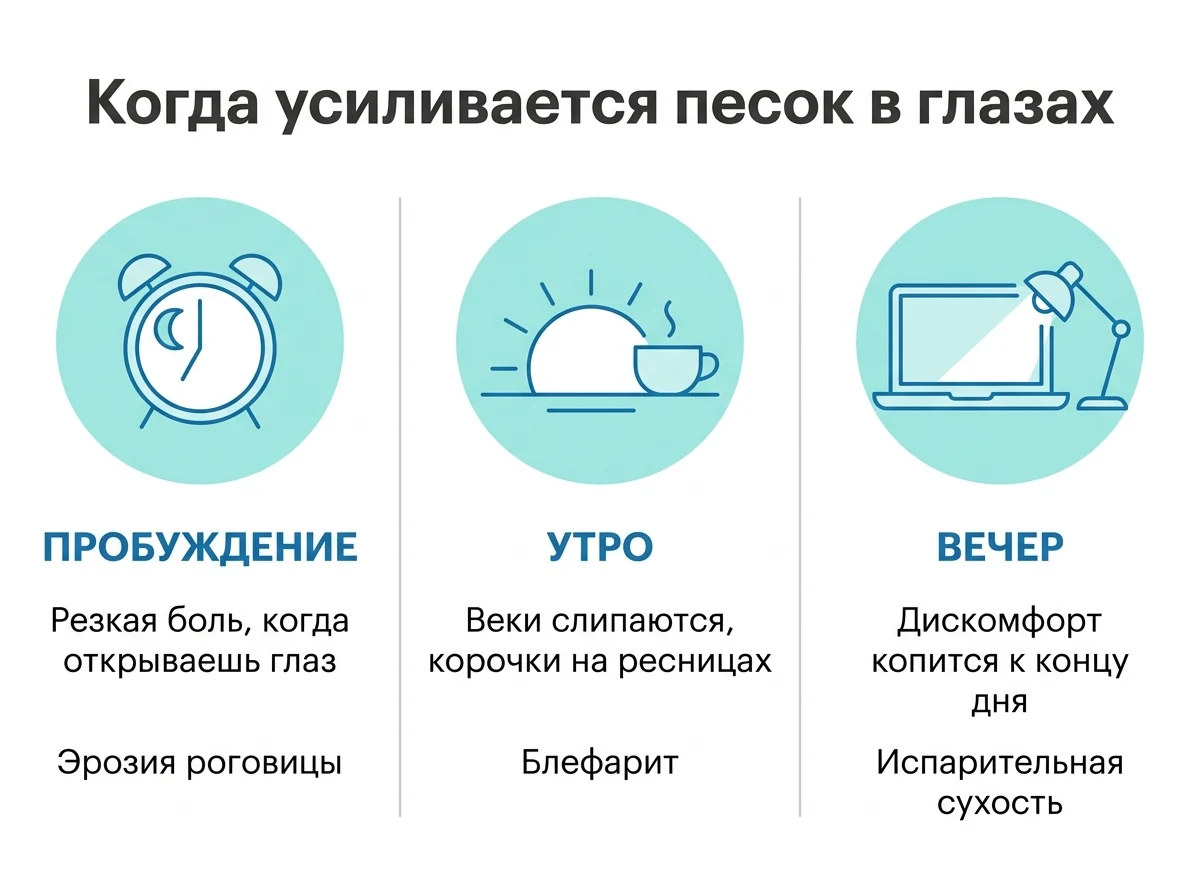 Когда усиливается ощущение песка в глазах: при пробуждении, утром или к вечеру