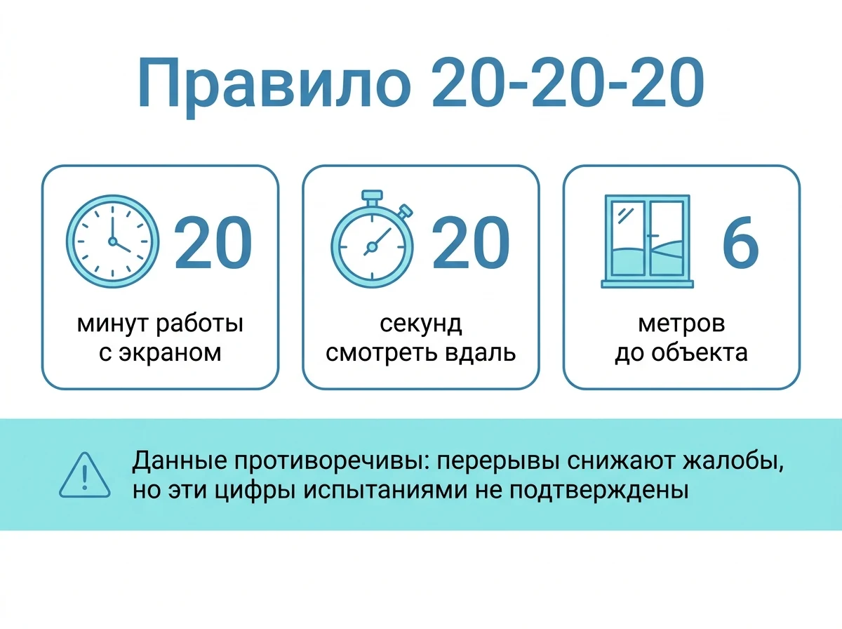 Схема правила 20-20-20 с пометкой о противоречивых данных исследований
