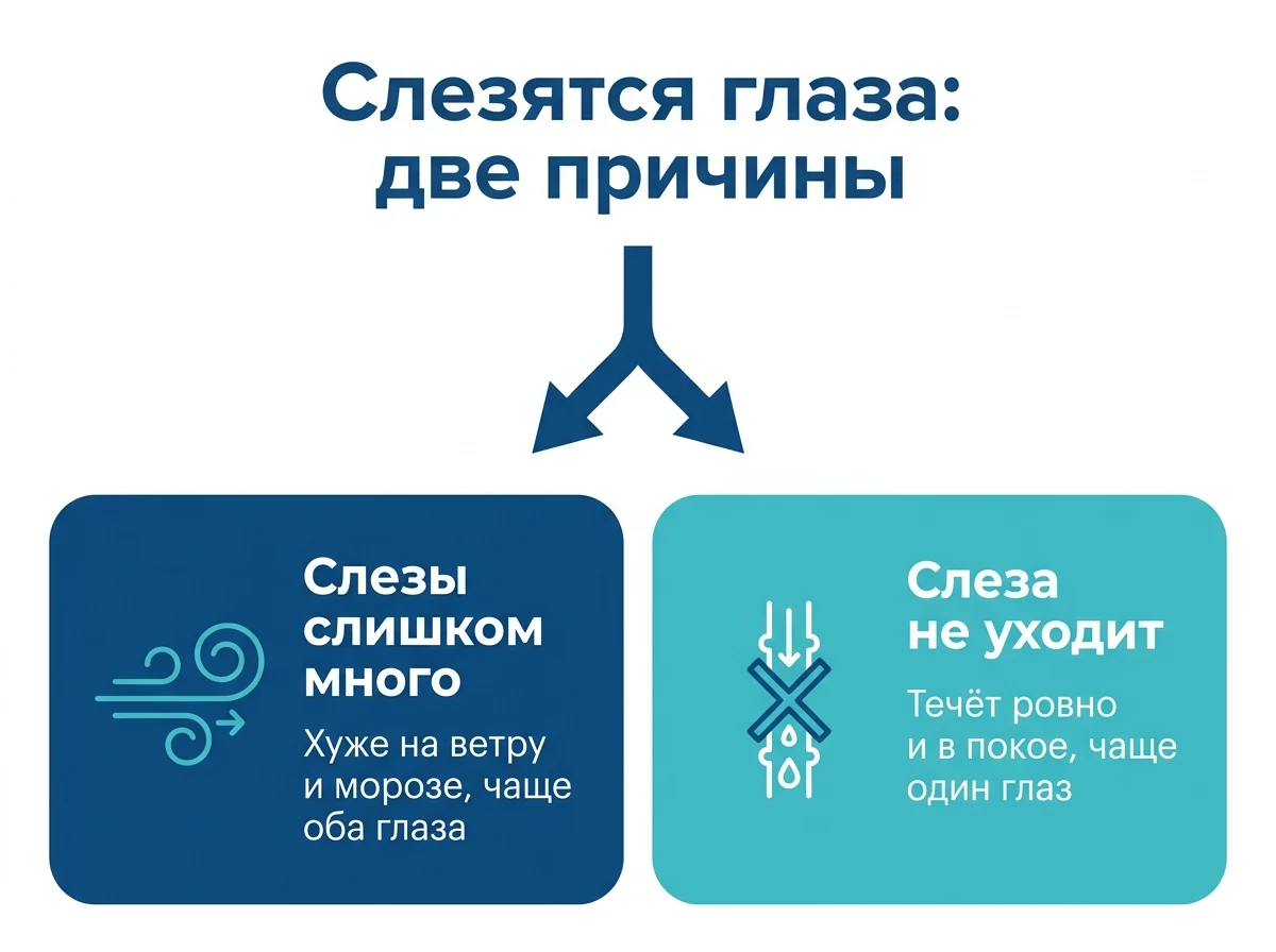 Схема двух причин слезотечения: слезы слишком много или слеза не уходит