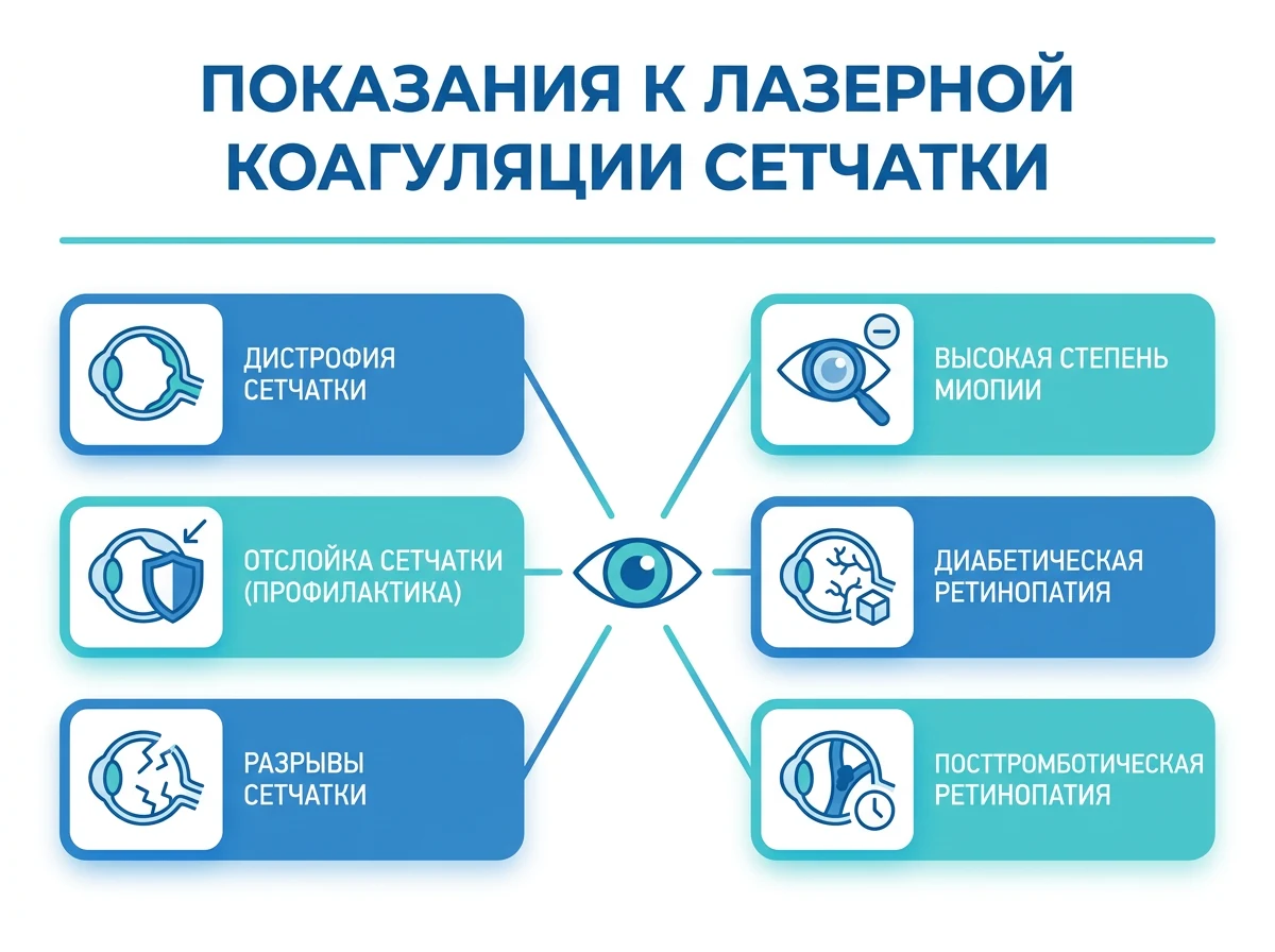 Показания к лазерной коагуляции сетчатки: дистрофия, разрывы, отслойка, миопия, ретинопатии