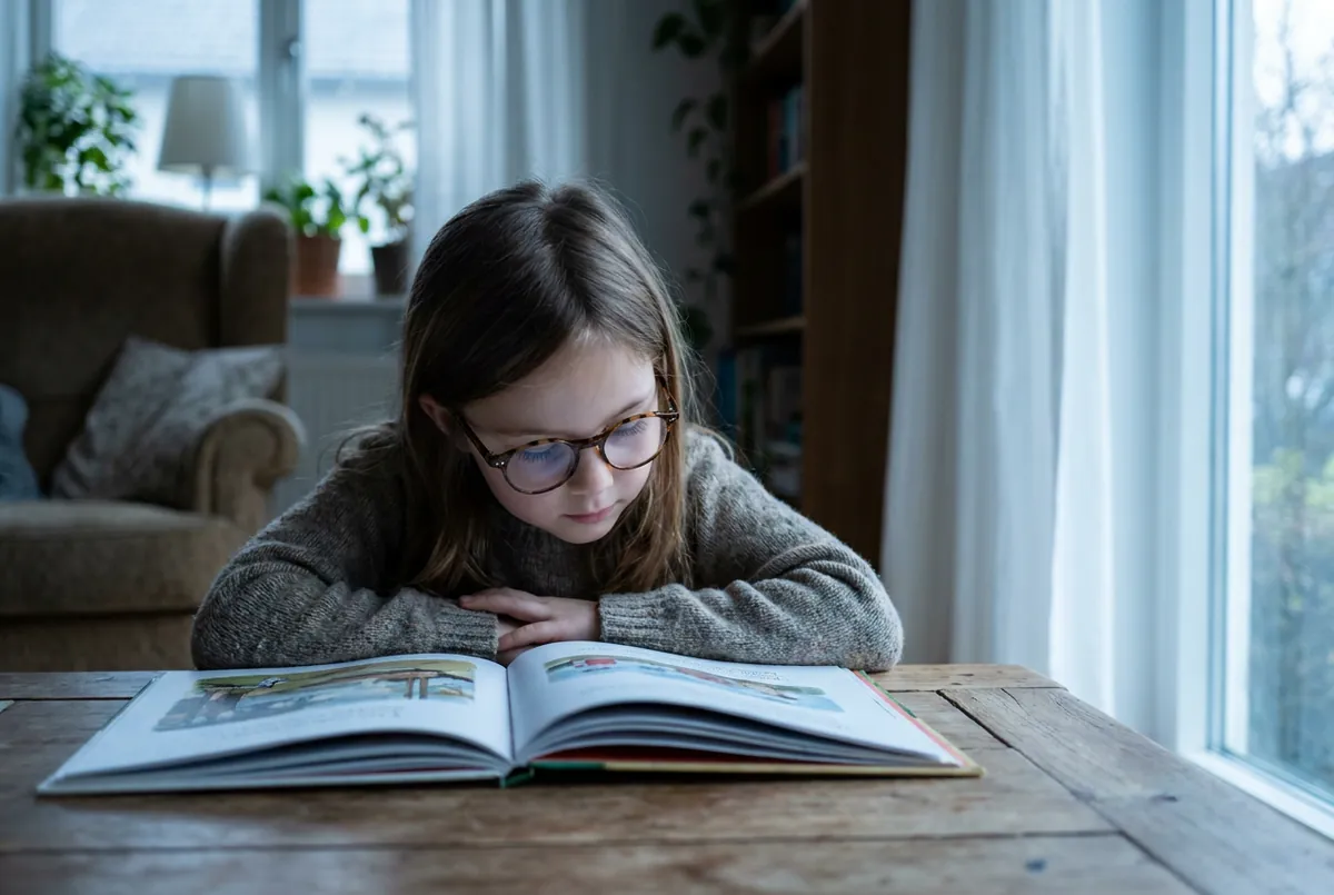 Школьница в очках читает книгу у окна