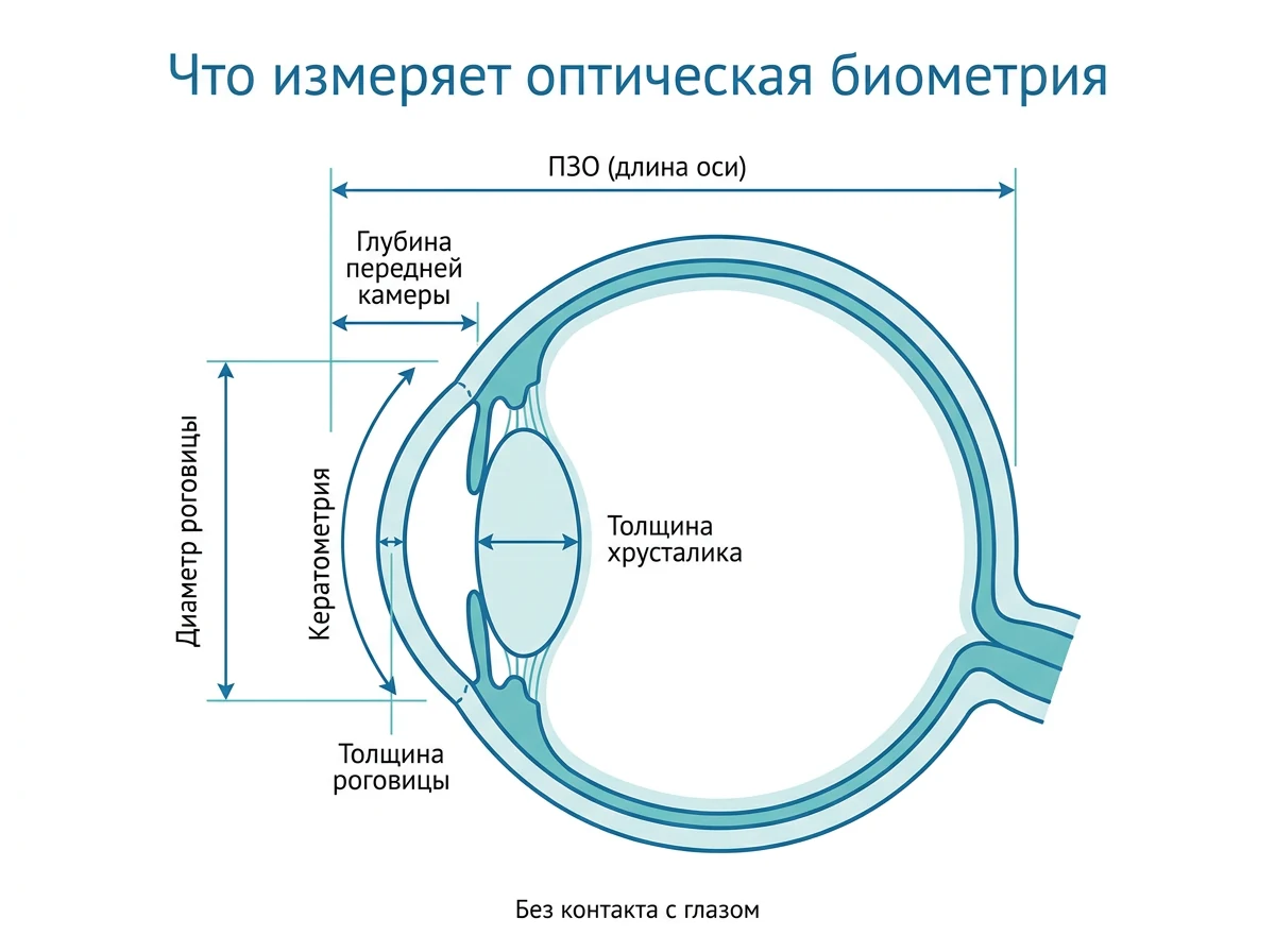 Схема измеряемых размеров глаза при биометрии