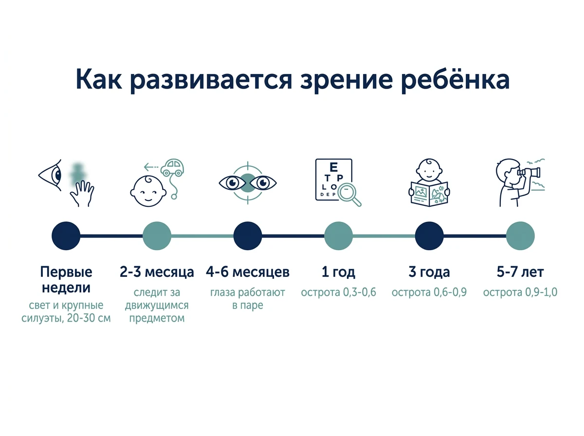 Как развивается детское зрение по возрастам Этапы развития зрения ребёнка по возрастам