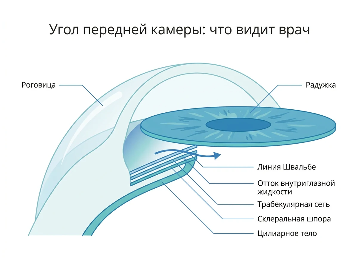 Схема угла глаза между роговицей и радужкой