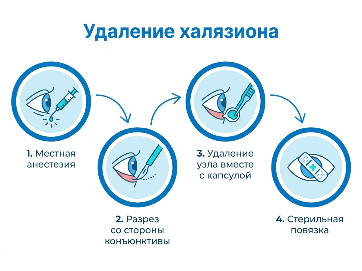Этапы удаления халязиона: анестезия, разрез конъюнктивы, удаление узла с капсулой, повязка