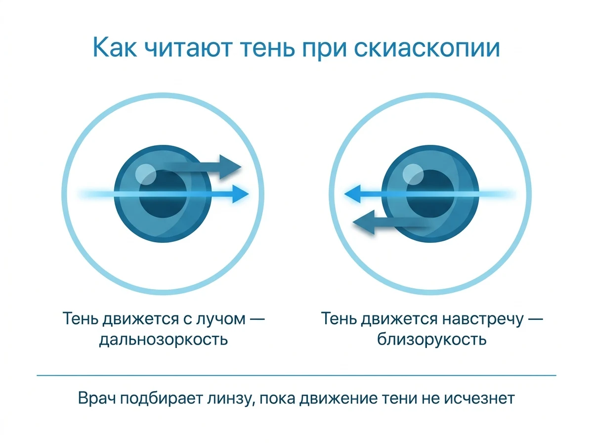 Движение тени в зрачке при скиаскопии