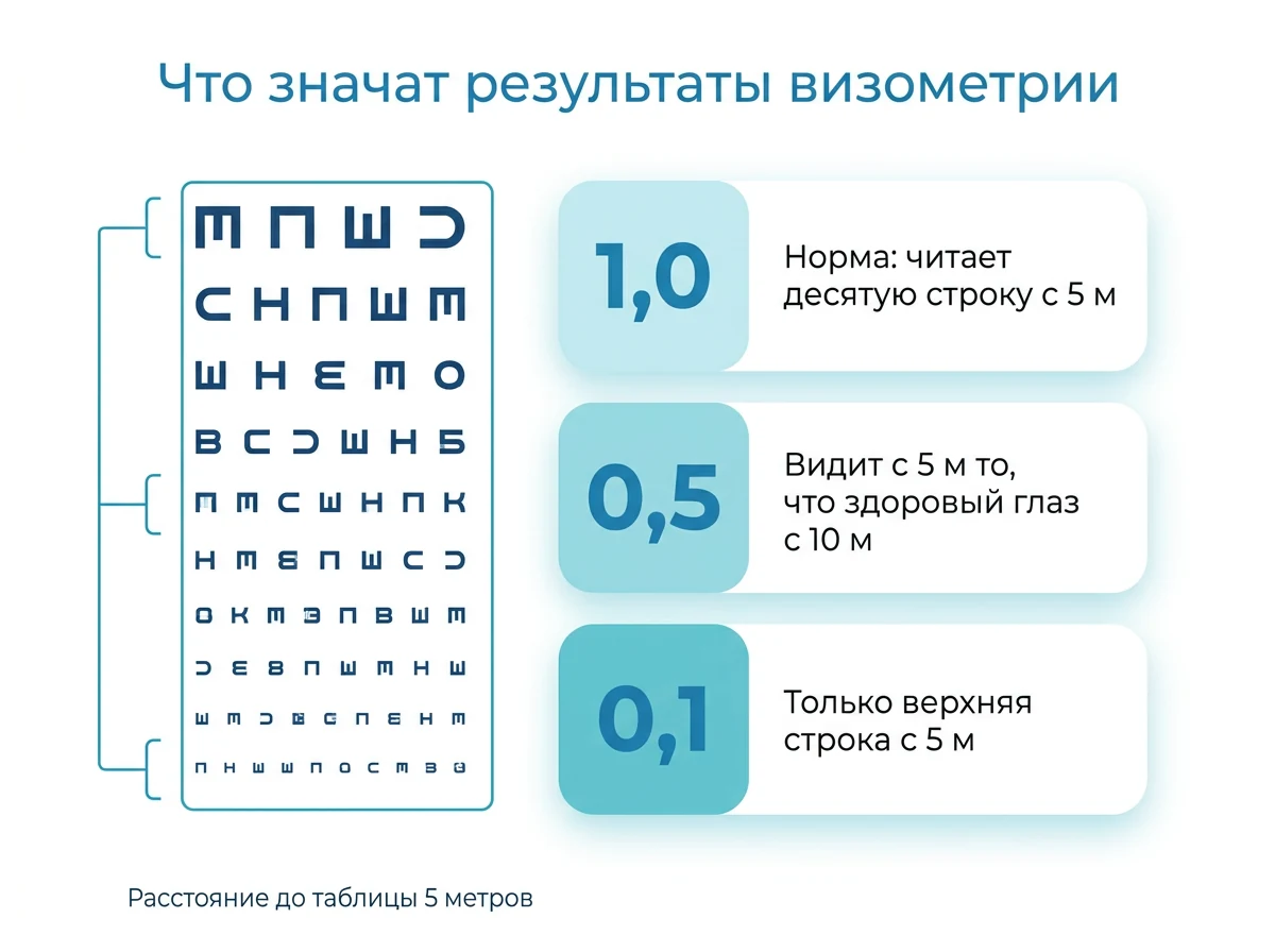 Что значат 1,0, 0,5 и 0,1 при визометрии Шкала остроты зрения от 0,1 до 1,0 по строкам таблицы