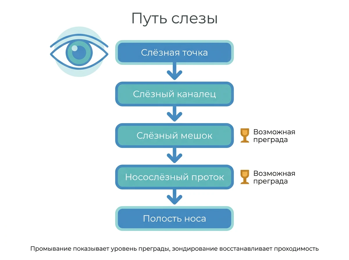 Слёзоотводящие пути: где возникает непроходимость Схема пути слезы от слёзной точки до полости носа